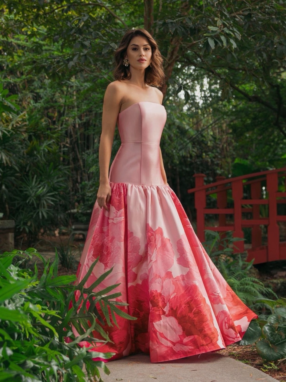 Mac Duggal Printed Mikado Strapless Drop Waist Ballgown